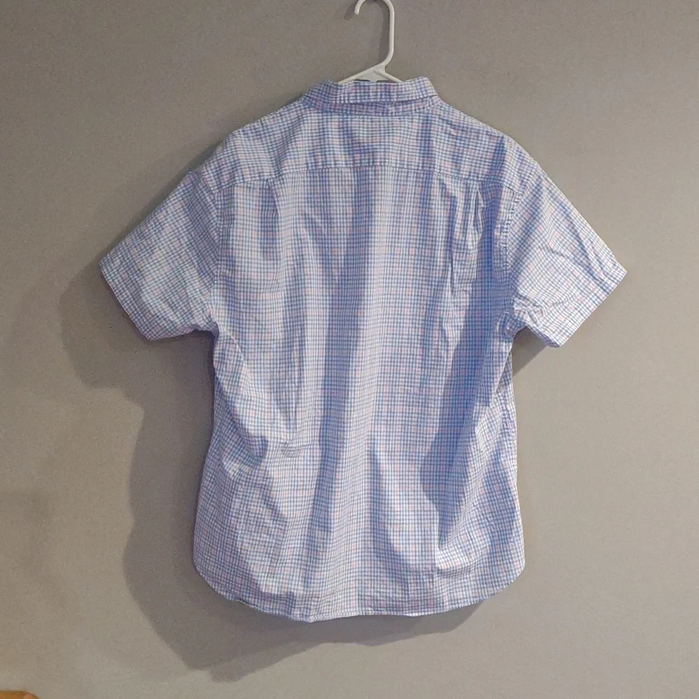 J.Crew Flex mens Xlarge 17-17.5 blue pink checked short sleeve button down shirt